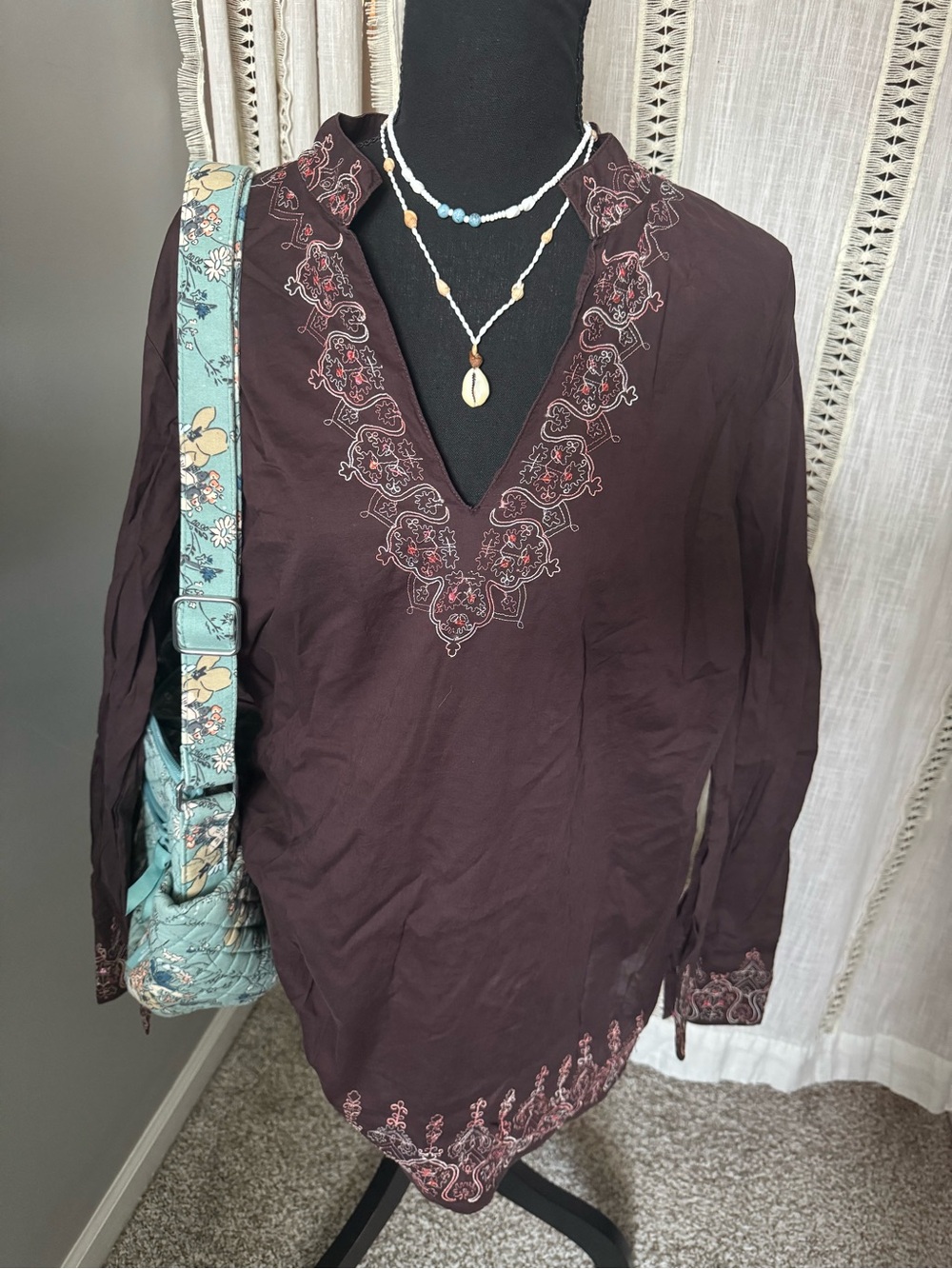 Fashion Bug Embroidered V-Neck Tunic in Deep Brown with Pink Accents